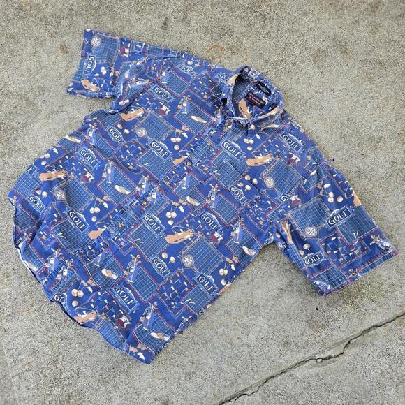 Vtg 90s ROUNDTREE & YORK Golf Clubs All Over Graphic Golf Button Up Shirt Large - Picture 2 of 5